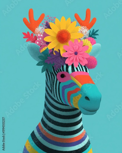 Colorful Zebra with Flower Headband and Diverse Floral Crown, Stylized and Playful Artwork.