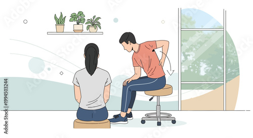 Man with back pain receiving treatment from woman in a bright room