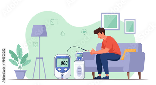 Man with diabetes monitoring blood sugar at home with glucose meter and insulin pen