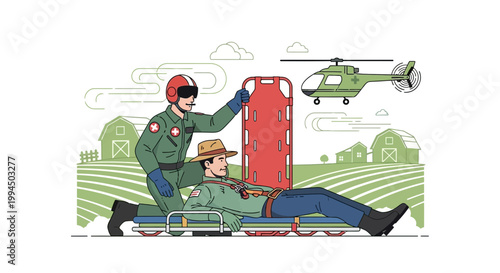 Medical helicopter rescue of injured farmer from rural field with stretcher and paramedic