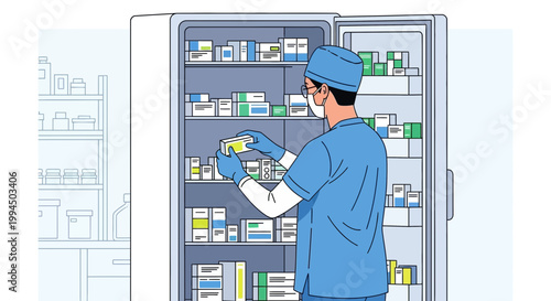 Medical professional organizing medications in a refrigerator