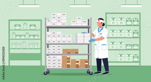 Medical professional organizing supplies in a pharmacy or hospital storage room