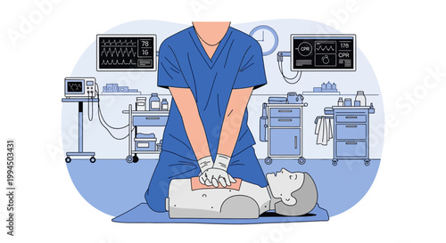 Medical professional performing CPR on a dummy in a hospital setting with monitors