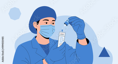 Medical professional performs rapid test, adding liquid to diagnostic kit for accurate results