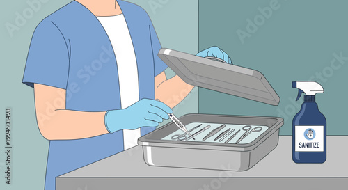 Medical professional sanitizing surgical instruments in a tray with disinfectant spray