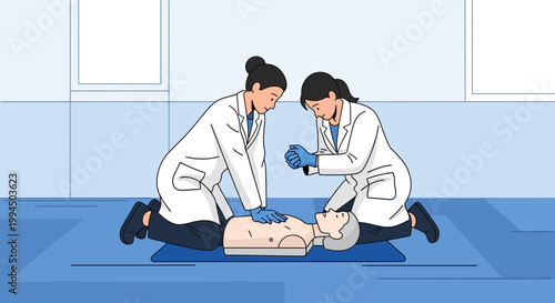 Medical students practice CPR on a mannequin, demonstrating life-saving techniques in a clinical setting.