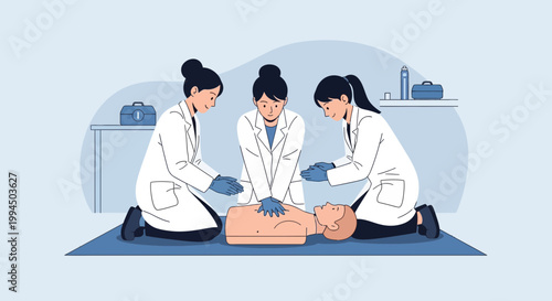 Medical Students Practice CPR on Mannequin: Emergency Training and Healthcare Education