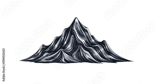A majestic solitary mountain peak rises sharply with dramatic black and silver fluid textures creating a striking metallic appearance against a clean white backdrop.