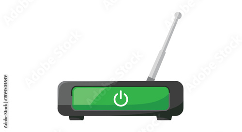 A sleek dark gray wireless internet router featuring a single upright silver antenna and a prominent glowing green power symbol on its front panel.