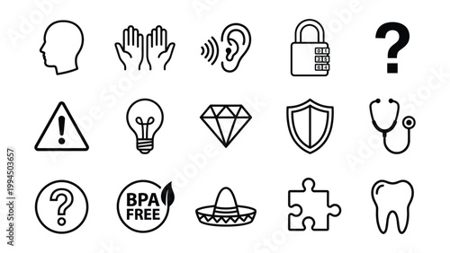 Set of simple icons representing human senses health security concepts with question mark light bulb graphic resources collection combination information triangle exclamation protection