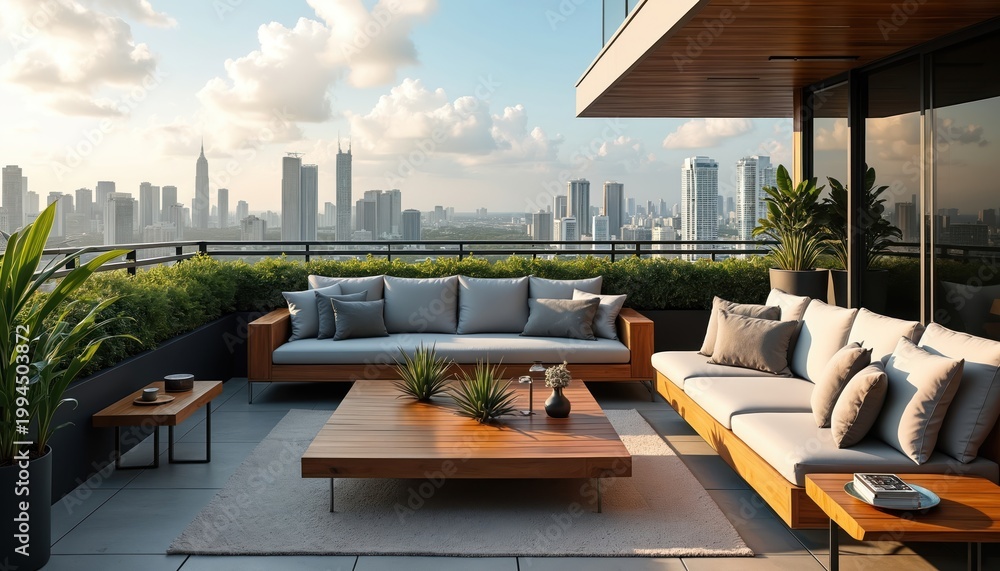Fototapeta premium Modern rooftop lounge with comfy sofas and wooden tables overlooks city skyline. Rich plants add natural beauty to outdoor relaxation space. Luxury urban living.