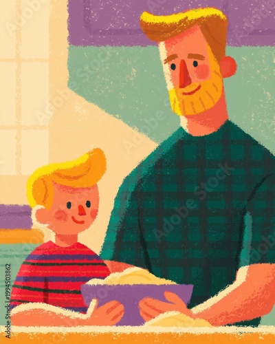 Family Home Moment, Father and Child at Dinner Table