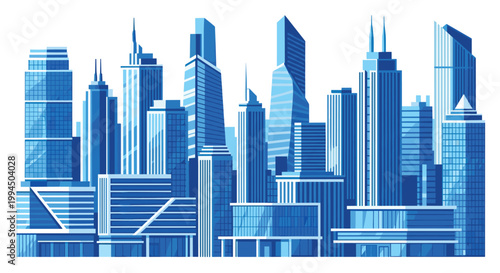 A sprawling modern metropolitan skyline showcases numerous towering blue skyscrapers with intricate geometric glass facades under a clear bright daylight.