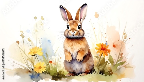 Cute brown rabbit in colorful flowers.