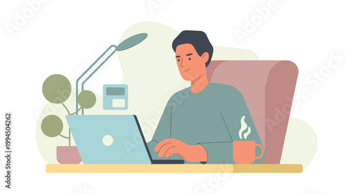 Young man working on laptop at desk with coffee for remote work concepts