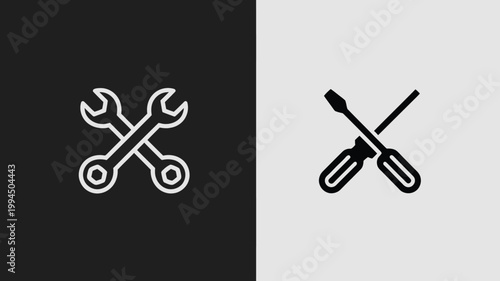 Crossed Wrench And Screwdriver Icons Isolated On Black And White Backgrounds For Repair Service Concepts