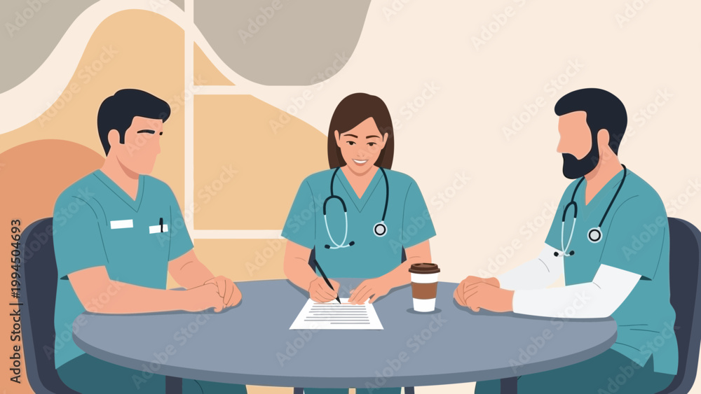 Obraz premium Medical Team Collaboration: Doctors Discussing Patient Case at Table with Coffee