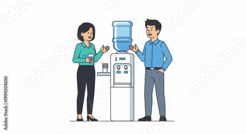 Man and woman using water cooler.