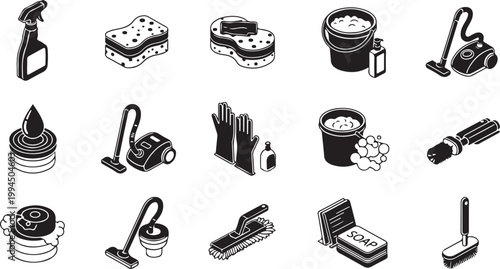 Cleaning tools and equipment icons in black white