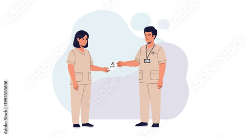 Medical professionals exchanging prescription, healthcare teamwork, doctor and nurse illustration