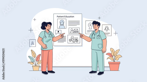 Medical professionals explaining patient education material on a whiteboard