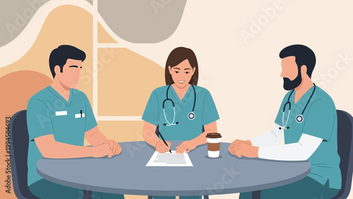Medical Team Collaboration: Doctors Discussing Patient Case at Table with Coffee