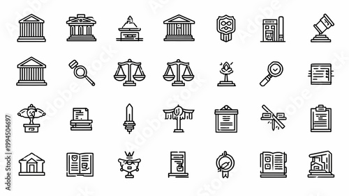 Law icons depict judicial structures and legal symbols for courtroom proceedings and justice documentation.
