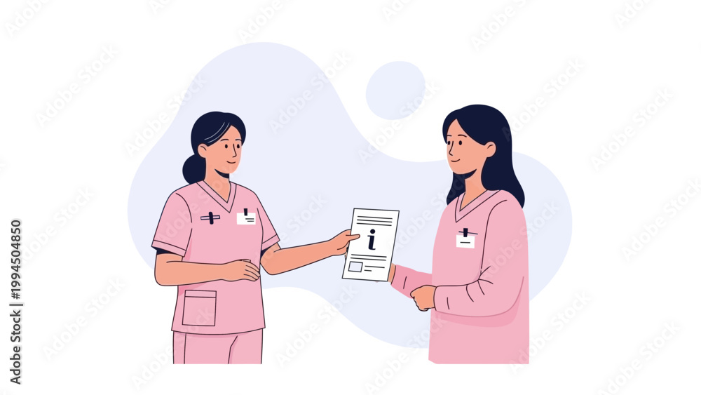 Fototapeta premium Nurse Giving Information Document to Colleague, Medical Teamwork Illustration