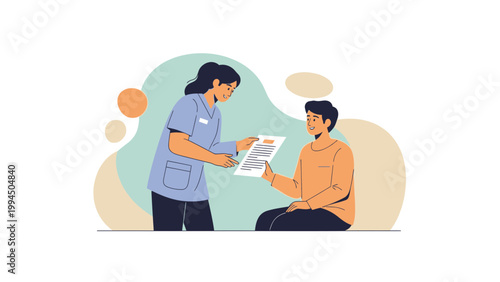 Nurse giving document to patient, medical consultation, healthcare concept