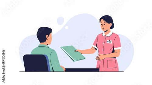 Nurse giving document to patient in consultation room, medical consultation illustration