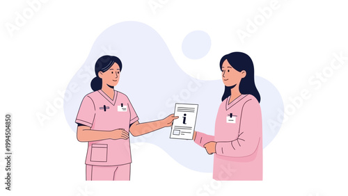 Nurse Giving Information Document to Colleague, Medical Teamwork Illustration