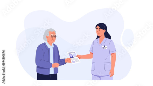 Nurse giving information leaflet to elderly patient, healthcare consultation, medical advice