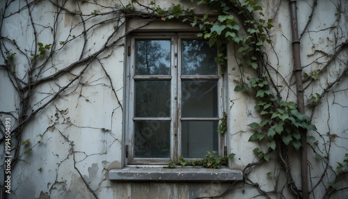  Old weathered window on an abandoned building facade, covered in dry climbing vines with a few surviving green leaves, cracked paint, worn textures, muted earthy tones, soft natural light, melancholi