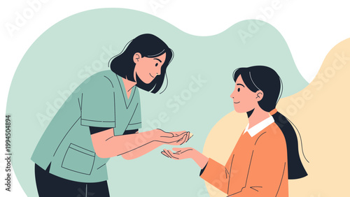 Nurse helping patient, medical care, health support, doctor consultation, caring hands