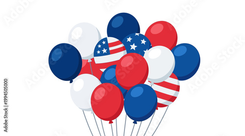 Collection of red, white, and blue balloons, some with the American flag pattern, for patriotic celebrations