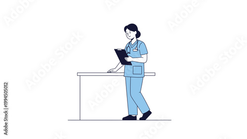 Nurse in blue uniform holding clipboard standing at examination table, flat design