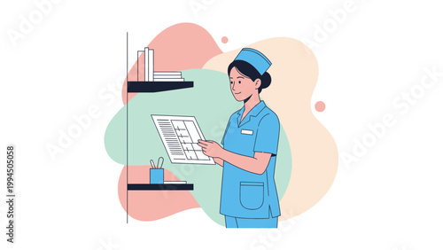 Nurse in blue uniform holding medical chart, healthcare concept illustration