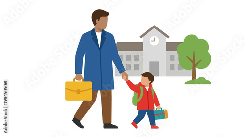 A father and child walk hand-in-hand towards a school building, symbolizing education and family bonds