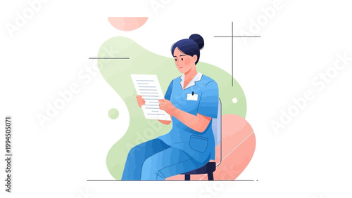 Nurse in blue uniform reading document, sitting, medical illustration