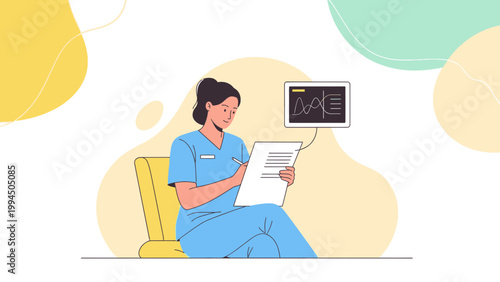 Nurse in blue uniform writing on paper, patient monitor screen in background
