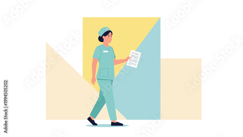 Nurse in scrubs walking with medical chart, modern abstract background