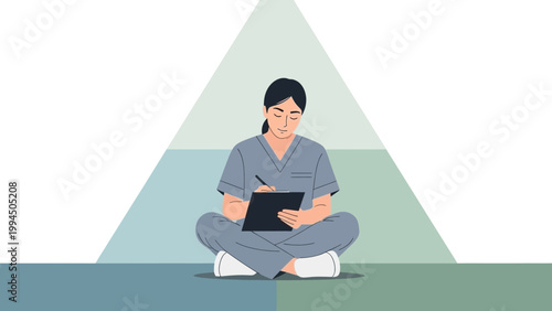 Nurse in scrubs sitting cross-legged, writing on a clipboard, abstract triangle background
