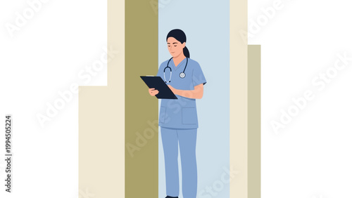 Nurse in scrubs with stethoscope and clipboard in a modern hallway