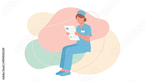 Nurse in uniform reading medical document, sitting with abstract pastel background