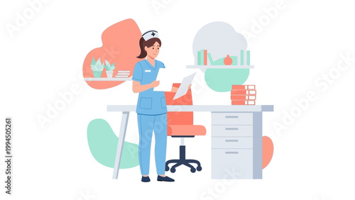 Nurse in Uniform Working at Desk in Medical Office, Healthcare Illustration