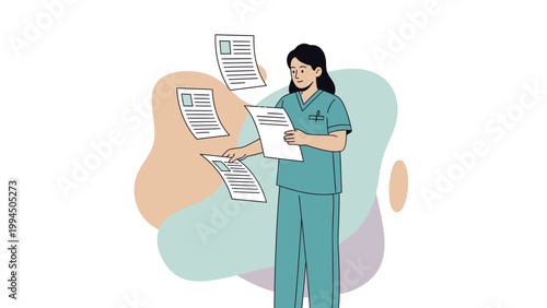 Nurse Overwhelmed with Medical Documents, Paperwork Chaos