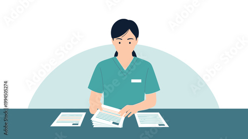 Nurse or doctor reviewing medical documents at desk, flat illustration