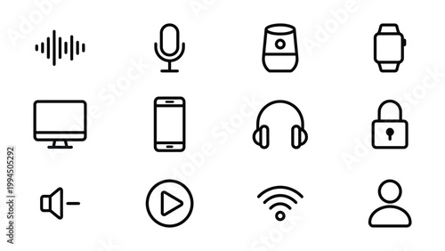 Collection of vector icons for technology and communication with graphic resources collection technology communication waveform microphone smartwatch computer smartphone headphones wireless