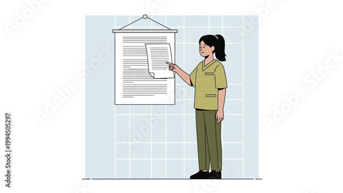 Nurse presenting medical information on a chart in a clinic or hospital.