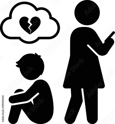 Upset child with broken heart thought bubble beside scolding woman. Parental punishment, sadness concept. Flat vector illustration for poster